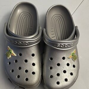 Unisex Adult Disney Crocs Silver Clogs with Baby Yoda Charm